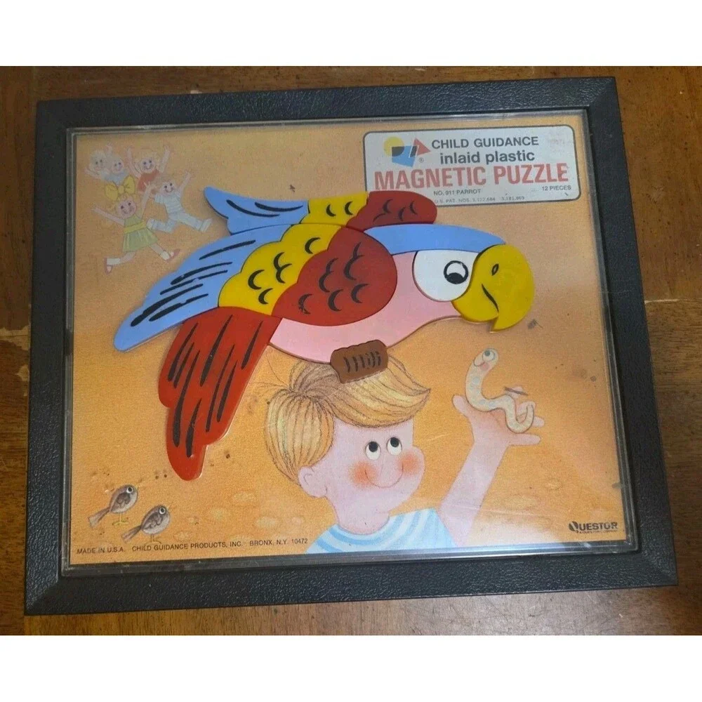 Magnetic Puzzles Child Guidance Toy No. 911 Parrot Boy Blue Vintage 60's